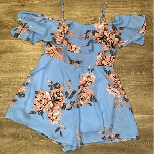 Floral Off-Shoulder Blue Romper